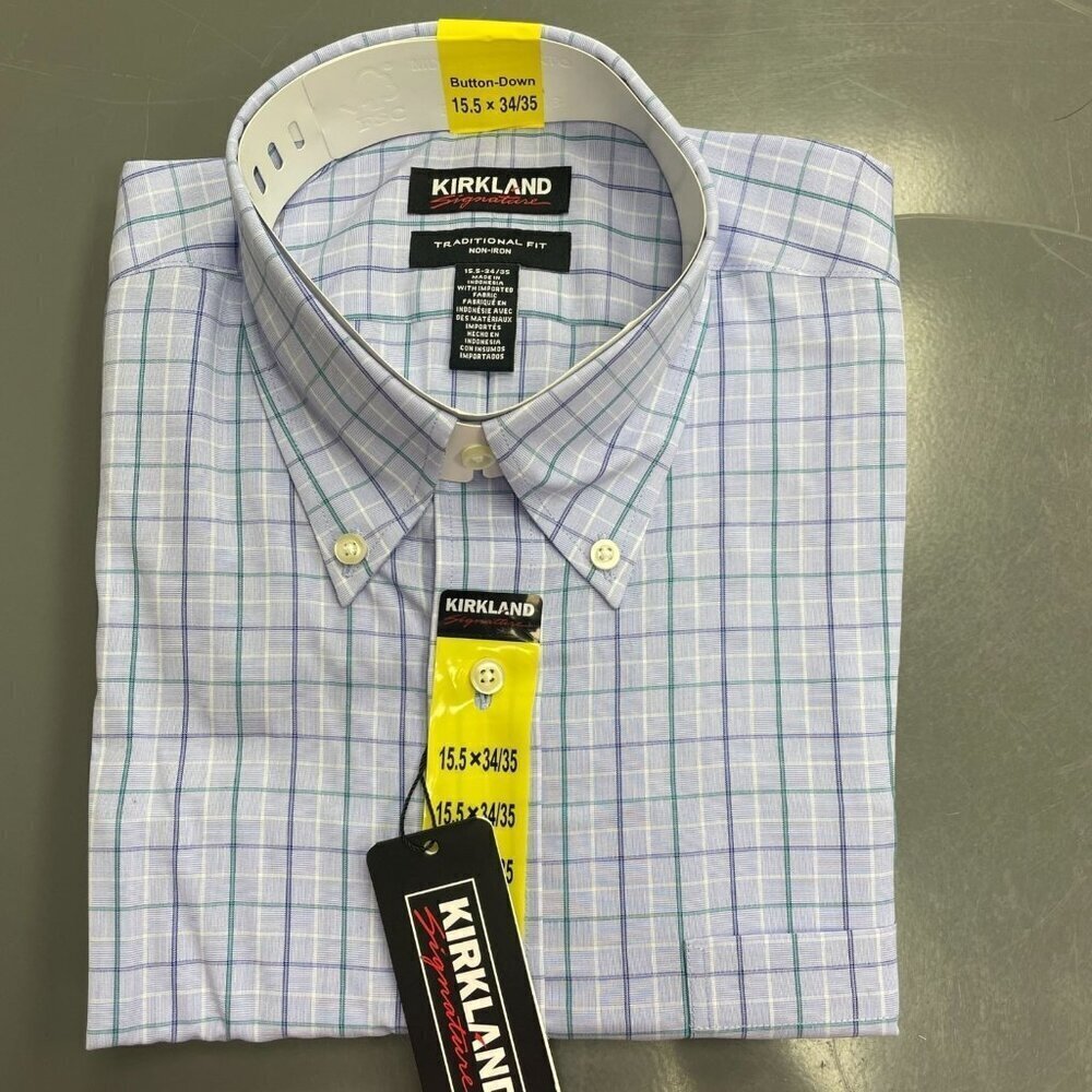 NEW Kirkland Signature Men’s 15.5 X 34/35 Button-Down Shirt Traditional Plaid